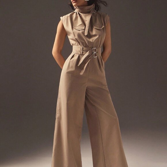 Camel Elegant Women's Business Casual Wide-Leg Jumpsuit with Belt - Picture 5 of 6